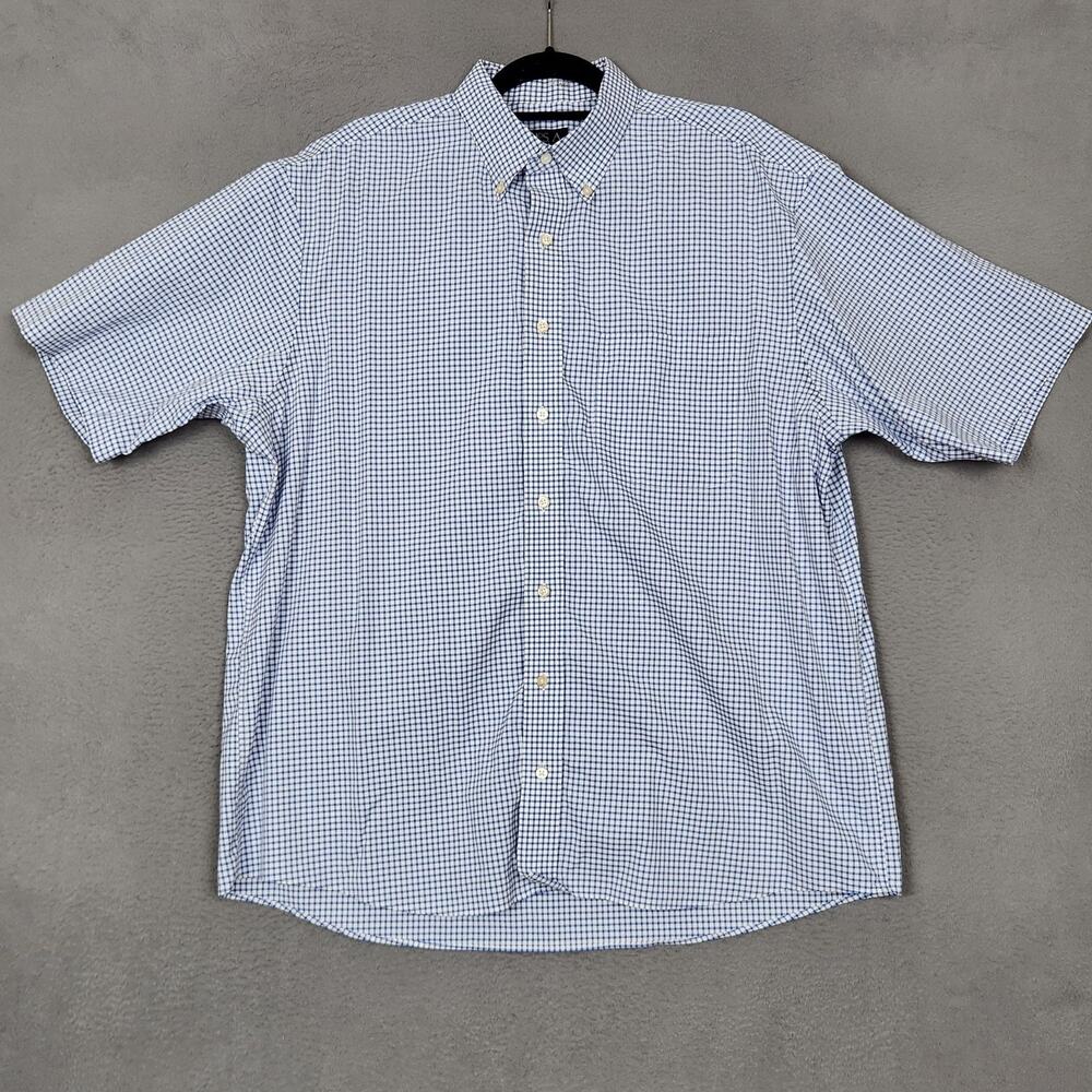 Jos A Bank Traveler Shirt Mens XL Blue Check Short Sleeve Button Up Cotton